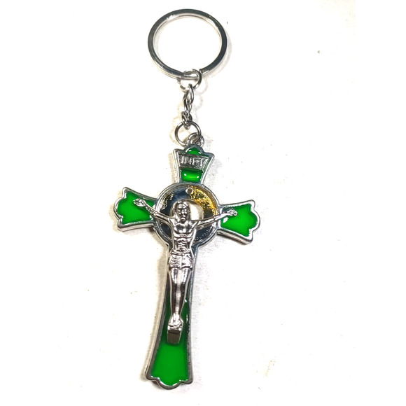 INRI Jesus Cross Keychain Green Enamel Silver Tone 4" Long Religious - Picture 4 of 7